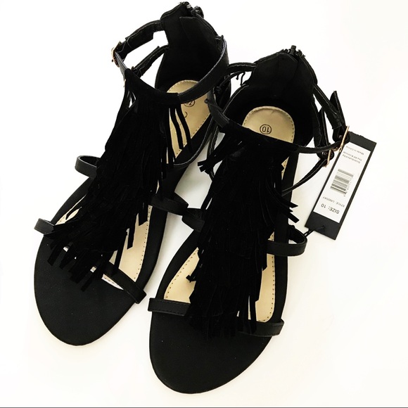 black fringe gladiator sandals